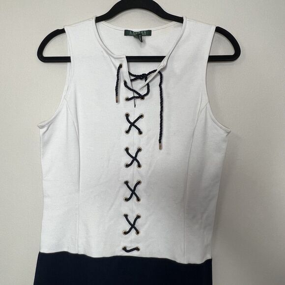 Lauren Ralph Lauren Dress Women's Small Blue White Tie Front Sleeveless Preppy - Picture 2 of 7